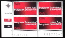 South Africa - 1979 - Save Fuel - Control Block - Unused Stamps