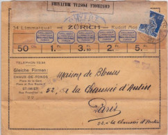 1916 - SUISSE - ENVELOPPE COMMERCIALE ORIGINALE De ZÜRICH Pour PARIS Avec CENSURE - Covers & Documents