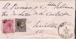 Spk050//  - SPANIEN - Berja (Almeria) 1878 Nach Sevilla, Edifil 168,  Mit Kriegssteuer E.13 - Storia Postale