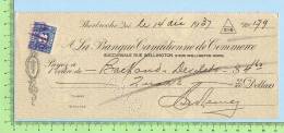 3 Cents FX64  Sur Cheque Banque De Commerce Sherbrooke 1937 Excise Tax - Cheques En Traveller's Cheques