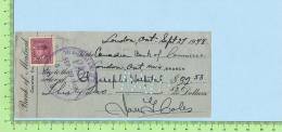 Timbre Poste Pour Taxe 3 Cents Scott #252  Sur Cheque Banque De Montréal London Ontario L 1948 Excise Tax - Fiscaux