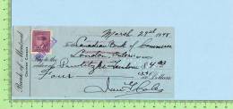 Timbre Poste Pour Taxe 3 Cents Scott #252  Sur Cheque Banque De Commerce London Ontario 1948 Excise Tax - Fiscali