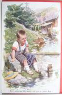 CP Litho Illustrateur BKWI B.K.W.I. 502 FEIERTAG Enfant Garcon Dans Ruisseau Moulin Junge Sitzt Am Bach Bei Der Wasse - Feiertag, Karl