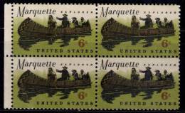 United States MNH 1968, Block Of 4, Gum  Washed, Explorer Father Jacques Marquette, Canoe, Boat, Transport, Costume - Exploradores