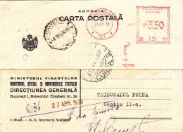 FINANCE DEPARTMENT, PRIVAT REGISTRED POST CARD, METER MARK RED 3,5 LEI, 1938, ROMANIA - Machines à Affranchir (EMA)