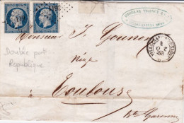 RHONE - 1853 -  LETTRE De VILLEFRANCHE Sur SAONE (PC 3611) Avec RARE YVERT N°10 X2 DOUBLE PORT - 1852 Luigi-Napoleone