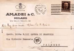 MILAMO  /  PALERMO  19.10.1942 - Card _ Cartolina Pubblicitaria " AMADEI & C.  - Cravatte " - Imperiale Cent. 30 Isolato - Publicité