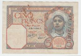 Tunisia 5 Francs 1941 "F" P 8b  8 B - Tunisia