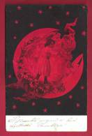 Surréalisme. Enfant Sur La Lune. Ange, Fleurs, étoiles.  Superbe Illustration  En Rouge Et Noir. Voyagée En 1903. 2 Scan - Astronomie