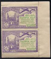 India Hyderabad State 1 Anna Voilet  FAITHFUL  ALLY Urdu War Fund Label Pair BOOKLET Pane MINT RARE Inde Indien - Hyderabad