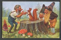 GNOME  DWARF  AND SQUIRREL  TOADSTOOL  MUSHROOM   BY  THIELE  , OLD POSTCARD - Thiele, Arthur