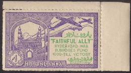 India Hyderabad State 1 Anna Voilet  FAITHFULLY ALLY Urdu War Fund Label MINT RARE Inde Indien - Hyderabad