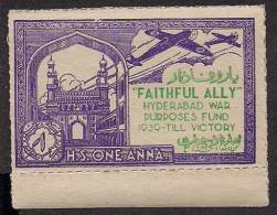 India Hyderabad State 1 Anna Voilet  FAITHFULLY ALLY Urdu War Fund Label MINT RARE Inde Indien - Hyderabad