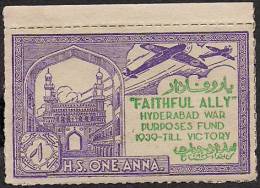 India Hyderabad State 1 Anna Voilet  FAITHFULLY ALLY Urdu War Fund Label MINT RARE Inde Indien - Hyderabad