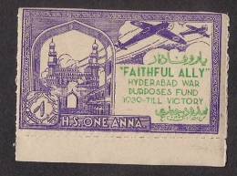 India Hyderabad State 1 Anna Voilet  FAITHFULLY ALLY Urdu War Fund Label MINT RARE Inde Indien - Hyderabad