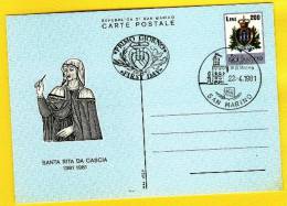 1981 - SAN MARINO -  CARTOLINE POSTALI -SANTA RITA DA CASCIA OBLITERATA 23.4.81 - Postwaardestukken