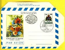 1981 - SAN MARINO -  AEROGRAMMA  -EUROFLORA ´81 GENOVA OBLITERATO 23.4.81 - Luftpost