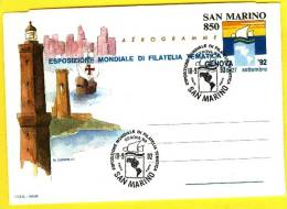 1992 - SAN MARINO -  AEROGRAMMA  - GENOVA 92 OBLITERATO 18.09.92 - Luftpost