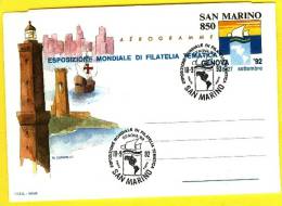 1992 - SAN MARINO -  AEROGRAMMA  - GENOVA 92 OBLITERATO 18.09.92 - Airmail