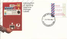 1984 30 Cent Frama Label 3000 Postcode FDC 22nd Feb 1984 GPO Melbourne Vic 3000 Unaddressed - Vignette [ATM]