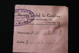 Ticket  Facture Du Garage Isabel La Catolica Granada Espagne España : 27/12/1954 Matricula  HM 19 76 96 - Espagne