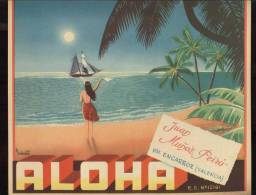 Etiquette De Caisse D´Oranges   -   Aloha  -  27 X 25 Cm  -   Illustrateur  Moufrirart ?.. - Fruit En Groenten