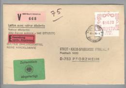 Schweiz Fra.Ma. 1984-02-28 Basel Firmenfreistempel Fr.10,70 Auf Express-Valoren-Brief Nach Pforzheim 75gr. Zollamtlich A - Affranchissements Mécaniques