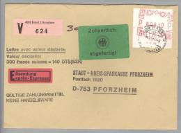 Schweiz Fra.Ma. 1984 Basel Firmenfreistempel Fr.8.10 Auf Express-Valoren-Brief Nach Pforzheim 30gr. Zollamtlich Abgefert - Frankiermaschinen (FraMA)