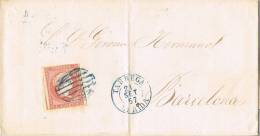 Carta Entera TARREGA (Lerida) 1857, Fechador Tipo I En Azul - Storia Postale