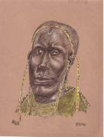 Viso Di MASAI Realizzato A Tempera Su Carta Vetrata (Glass Paper N° 1) Firmato J. Gitau Formato 22,5 X 28 Cm - Art Africain