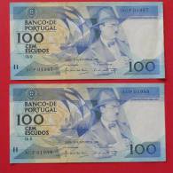 PORTUGAL  100  ESCUDOS  1986    -  2 NOTAS NUMERAÇÃO SEGUIDA  (N1033) - Portogallo