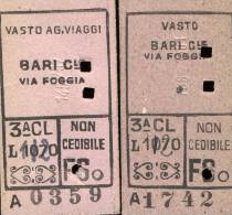 ANNO  1951  BARI  VASTO  FS    FERROVIE  DELLO STATO  TRENO LOTTO  2   BIGLIETTI CARTONATI DOPPI - Europe