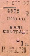 ANNO  1955  BARI   FOGGIA    FS    FERROVIE  DELLO STATO  TRENO LOTTO  4   BIGLIETTI CARTONATI DOPPI SPILLATI - Europe