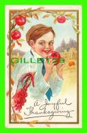 A JOYFUL THANKSGIVING - CHILDREN, APPLES & TURKEY - EMBOSSED - TRAVEL IN 1913 - SERIES 252 F - - Thanksgiving