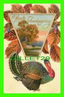 A HEARTY THANKSGIVING  - TURKEY & LEAFS - EMBOSSED - TRAVEL  IN 1913 - P. C. 246 - - Thanksgiving