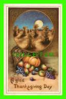 A GLAD THANKSGIVING DAY - FRUITS BASKET - SCENERY - WRITTEN IN 1912 - EMBOSSED - - Thanksgiving