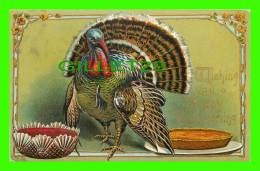 WISHING YOU A HAPPY THANKSGIVING - TURKEY, PUMPKIN PIE & CAKE - TRAVEL IN 1912 - EMBOSSED - - Thanksgiving