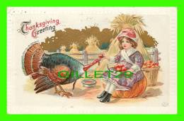 THANKSGIVING GREETING -  LITTLE GIRL GIVING APPLE TO A TURKEY - J. HERMAN, 1912 - TRAVEL IN 1914 - M. 132 - EMBOSSED - - Giorno Del Ringraziamento