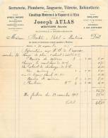 FACTURE LETTRE : MOUTIERS . JOSEPH AULAS . SERRURERIE CHAUFFAGE MODERNE A LA VAPEUR ET A L'EAU . 1915. - Chemist's (drugstore) & Perfumery