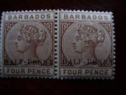 BARBADOS 1892 Queen VICTORIA HALF-PENNY On FOUR PENCE In PAIR MINT. - Barbados (...-1966)