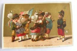 Chromo Doré En Route Pour Le Régiment - Enfants Départ Baiser Couple Baluchon  Service Militaire - Autres & Non Classés