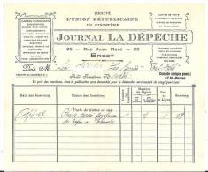 Facture Journal La Dépêche 25 Rue Jean Macé 29 Brest Finistère Union Républicaine - Printing & Stationeries