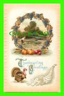 THANKSGIVING GREETINGS - PUMPKIN, TURKEY, APPLES - EMBOSSED - WRITTEN IN 1910 - SERIES No 936 - - Thanksgiving