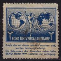 Greek Mythology HERMES God Trade ECHO UNIVERSAL AUSGABE BERLIN W9 LABEL VIGNETTE CINDERELLA Germany 1939 GLOBE EARTH - Mitología