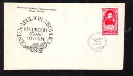 ONE HUNDRED YEAR ION NEGULICI,PAINTER,COVER FDC,1951,ROMANIA - Covers & Documents