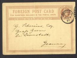 Great Britain 1877, Foreign Postcard - Victoria, London To Darmstadt, Germany - Cartas & Documentos