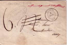 ALLIER-JALIGNY T15 DU 8 NOVEMBRE 1861-LETTRE AFFRANCHISSEMENT INSUFFISANT EN ROUGE TAXE MANUCRITE 4 BIFFE+TAXE 6 MANUSCR - 1859-1959 Storia Postale