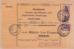 FINLANDE - 1925 - CARTE MANDAT De MIKKELI Pour KANGASNIEMI - Cartas & Documentos