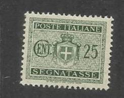 ITALIA REGNO 1945 LUOGOTENENZA SEGNATASSE FILIGRANA RUOTA CENT. 25 MNH - Segnatasse