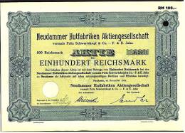 1934 Aktie Hist. Wertpapier , Neudammer Hutfabriken Vormals Fritz Schwartzkopf & Co. - F. &  - 100 Einhundert Reichsmark - Textile